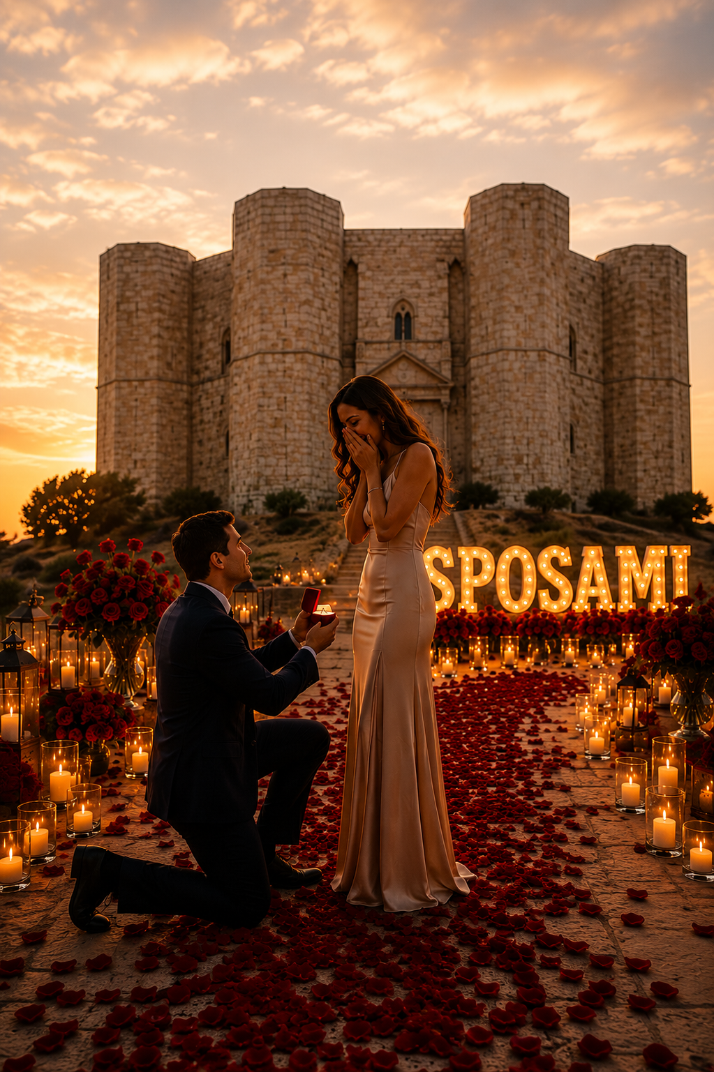 Coppia durante proposta di matrimonio al tramonto in Puglia