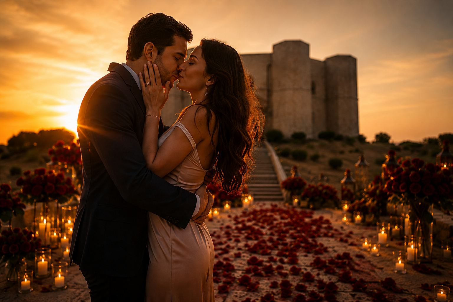 Proposta di matrimonio a Castel del Monte con scritta luminosa SPOSAMI