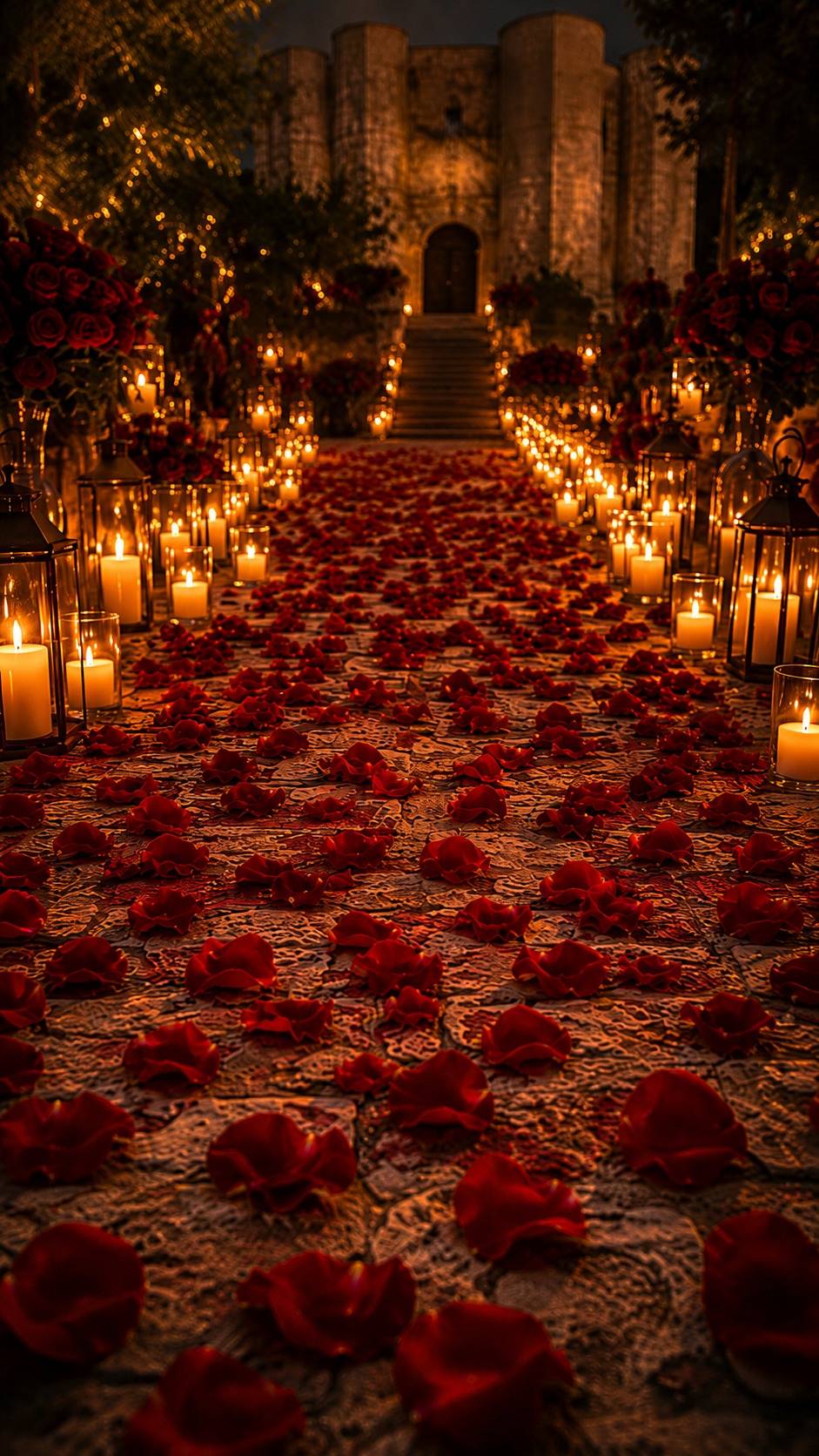 Rose petal carpet for a marriage proposal