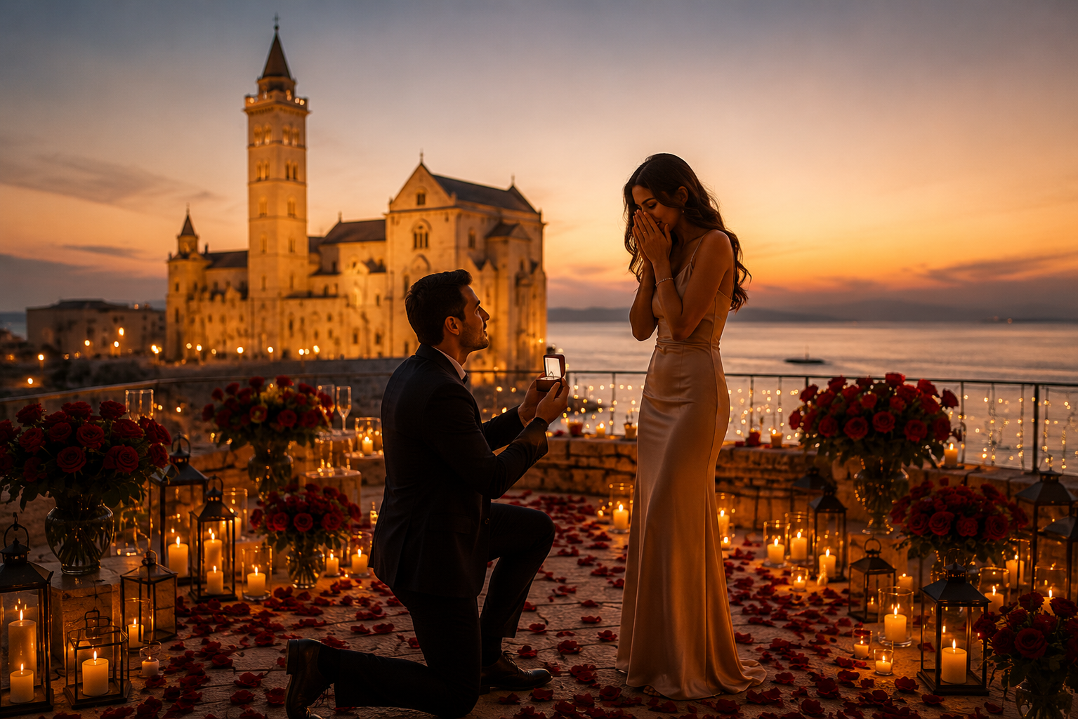 Proposta di matrimonio su rooftop a Trani con scritta luminosa SPOSAMI