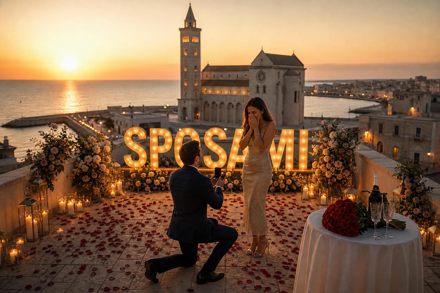 Proposta di matrimonio su rooftop a Trani con scritta luminosa SPOSAMI